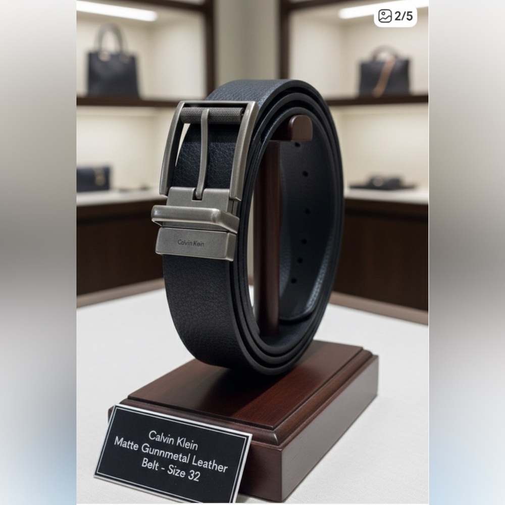 Calvin Klein Men’s Black Leather Belt Matte Gunmetal Edition Size 32”